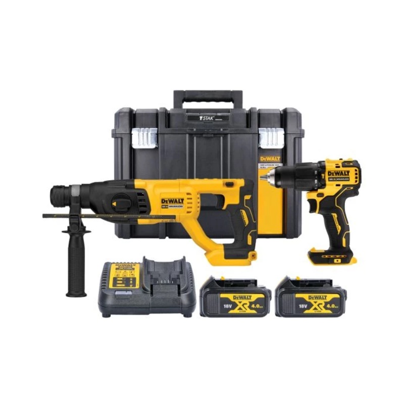 DeWalt DCK2070M2T 18V XR Cordless Brushless Combi Drill & SDS Plus Hammer Drill Twin Pack With 2 x 4.0Ah Batteries, Charger & TSTAK VI Case