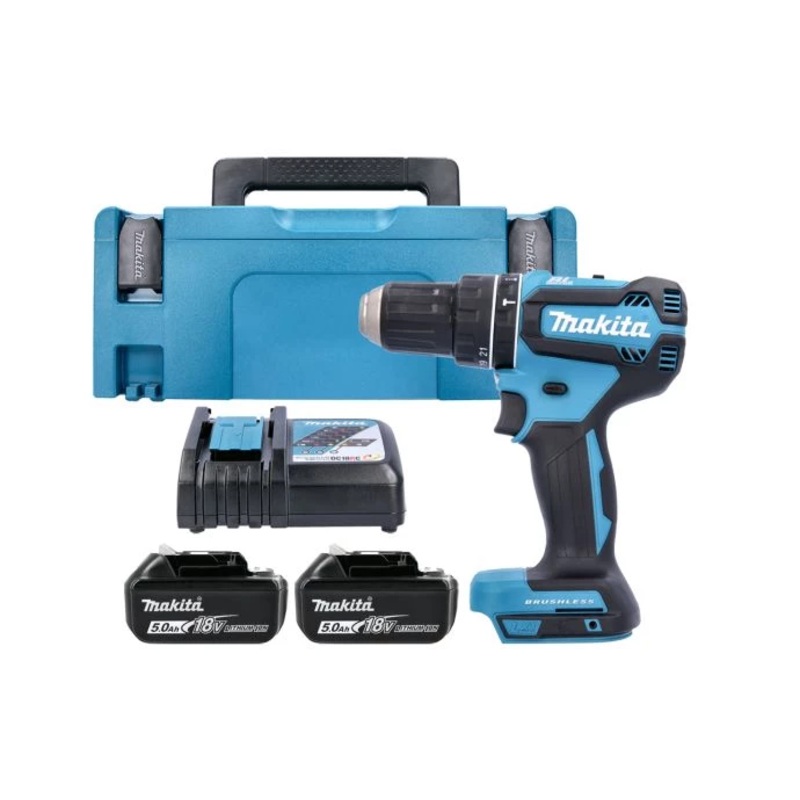 Makita Combi Drill DHP485RTJ 18V LXT Cordless Brushless 1/2″ 2-Speed Keyless Chuck Max 50Nm With 2 x 5.0Ah Batteries, Charger & Case