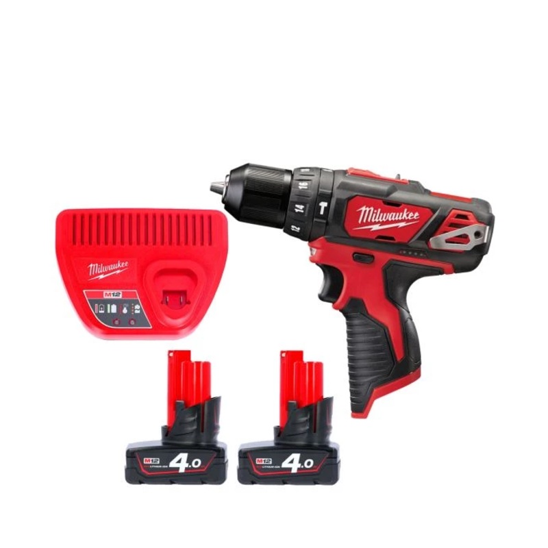 Milwaukee M12BPD 12V Cordless 10mm Compact Combi Hammer Drill With 2 x 4.0Ah Batteries & Charger