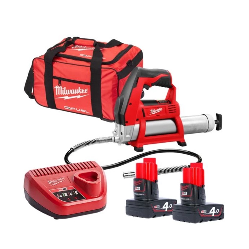 Milwaukee M12GG 12V Cordless Grease Gun With 2 x 4.0Ah Batteries, Charger & Tool Bag