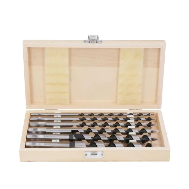 WellCut Auger Wood Drill Bit Set 230mm 6pcs Carbon Steel Hex Shank 6 / 8 / 10 / 12 / 16 / 20mm in Wooden Storage Case