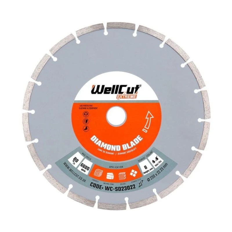 WellCut Diamond Cutting Blade for Angle Grinder 230mm x 22.23mm Segmented Disc for Concrete, Tiles, Stones, Bricks, Marble, Ceramic