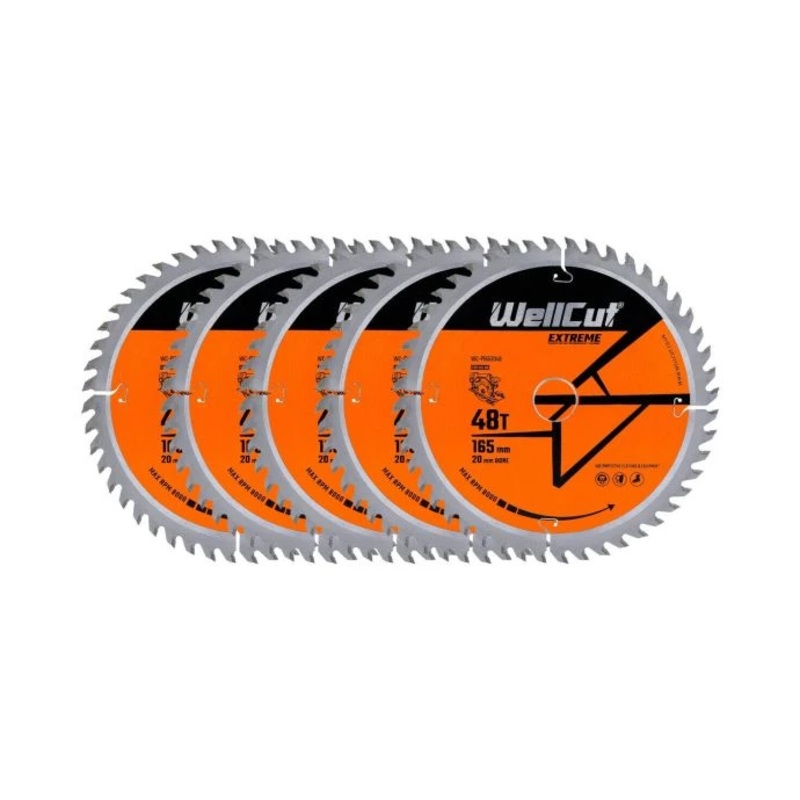 WellCut TCT Circular Saw Blades 165mm x 20mm x 48T Fine Cutting Wood Saw Blades Compatible with all Brands Pack of 5