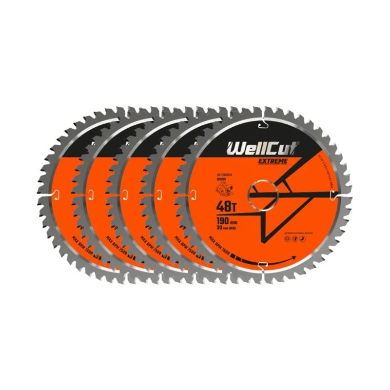 WellCut TCT Circular Saw Blades 190mm x 30mm x 48T Fine Cutting Wood Saw Blades Compatible with all Brands Pack of 5