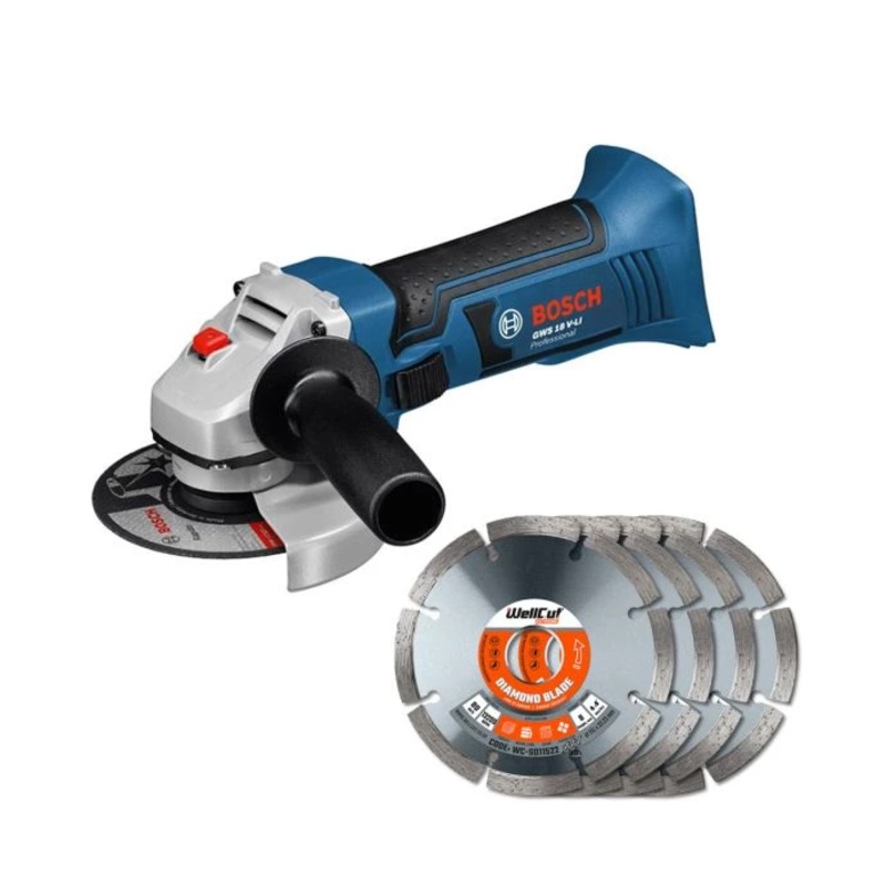 Bosch GWS 18 V-LI Cordless Angle Grinder 115mm With 4 x Diamond Blades