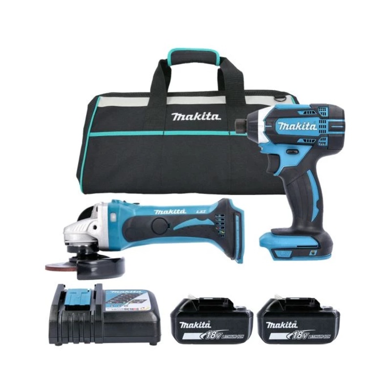 Makita DTD152Z 18V LXT Cordless Impact Driver & DGA452Z 115mm Angle Grinder Twin Pack With 2 x 5.0Ah Batteries, Charger & Tool Bag