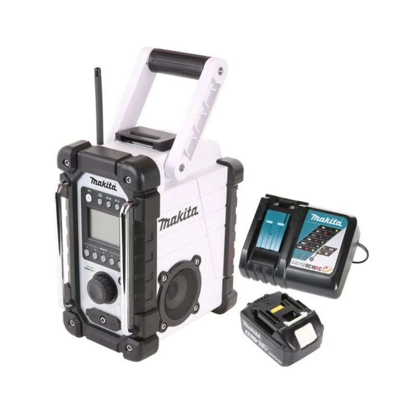 Makita Radio DMR107W 14.4V/18V CXT/LXT Cordless/AC FM/AM Jobsite White With 1 x 5.0Ah Battery & Charger