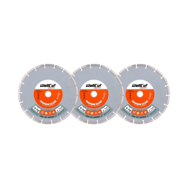 WellCut Diamond Cutting Blades for Angle Grinder 230mm x 22.23mm Segmented Discs for Concrete, Tiles, Stones, Bricks Pack of 3