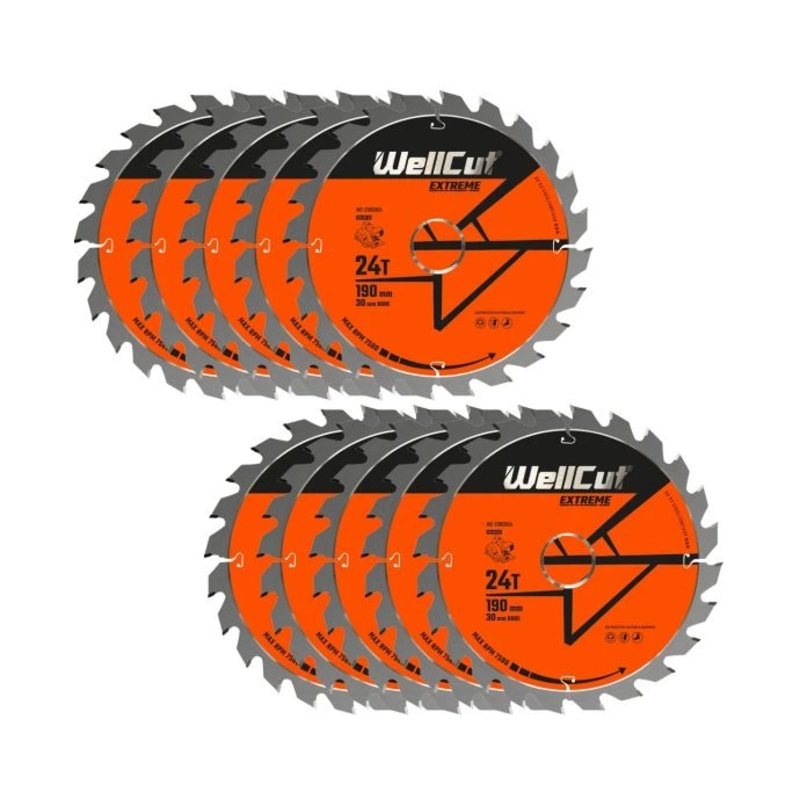 WellCut TCT Circular Saw Blades 190mm x 30mm x 24T Fine Cutting Wood Saw Blades Compatible with all Brands Pack of 10