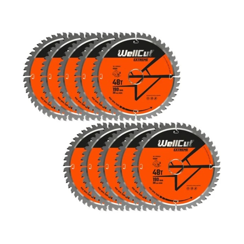 WellCut TCT Circular Saw Blades 190mm x 30mm x 48T Fine Cutting Wood Saw Blades Compatible with all Brands Pack of 10