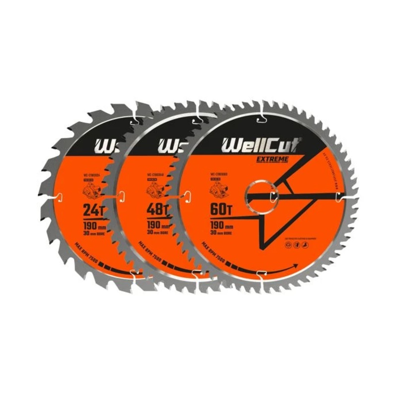 WellCut TCT Circular Saw Blades Mixed Set 190mm x 30mm x 24T/48T/60T Wood Saw Blades Compatible with all Brands Pack of 3