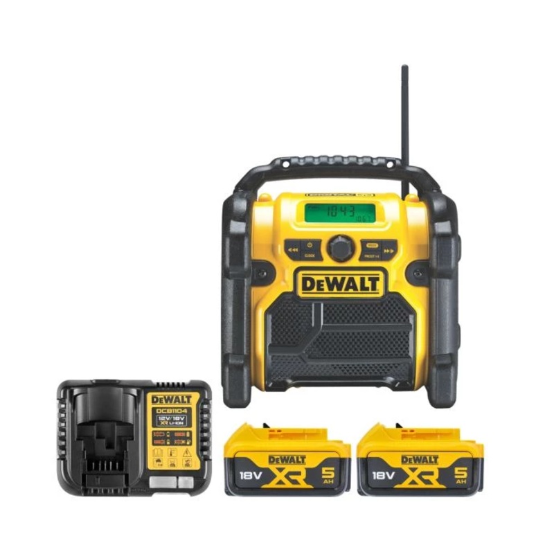 DeWalt DCR020 18V XR Cordless Compact Digital DAB+ Jobsite Radio With 2 x 5.0Ah Batteries & Charger
