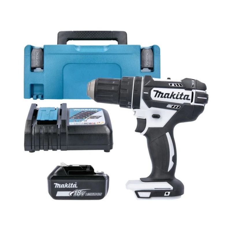 Makita Combi Drill DHP482ZW 18V LXT Cordless 1/2″ 2-Speed Keyless Chuck Max 62Nm White With 1 x 4.0Ah Battery, Charger & Case Type 2