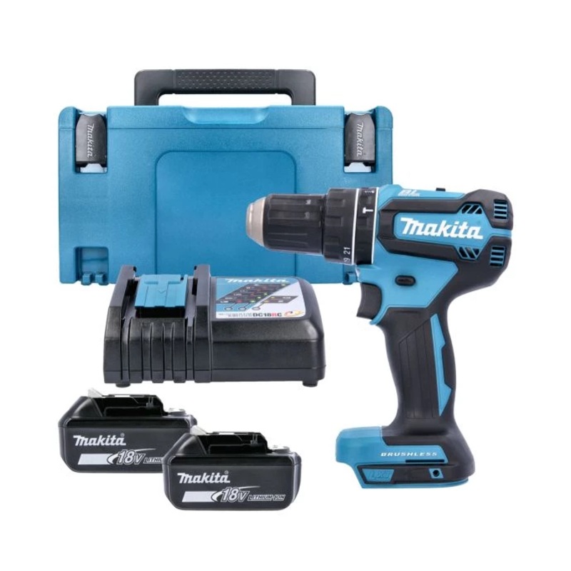 Makita Combi Drill DHP485Z 18V LXT Cordless Brushless 1/2″ 2-Speed Keyless Chuck Max 50Nm With 2 x 4.0Ah Batteries, Charger & Case