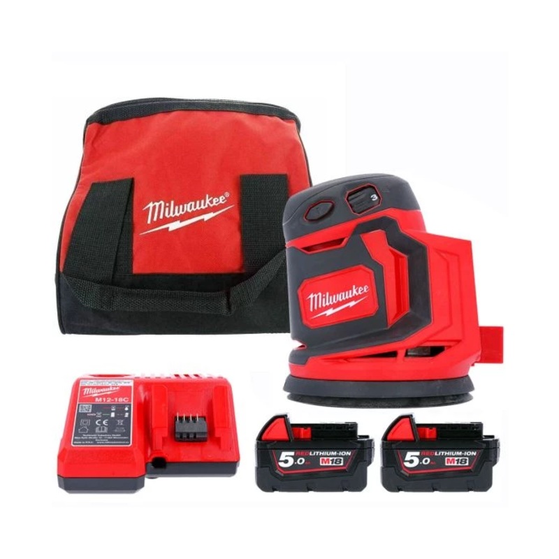 Milwaukee M18BOS125-502B M18 18V 125mm Random Orbit Sander With 2 x 5.0Ah Batteries, Charger & Bag