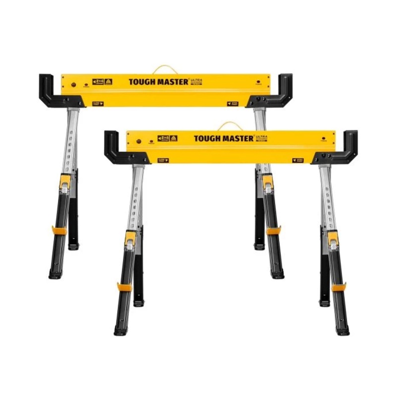 TOUGH MASTER Saw Horse Twin Pack 9-Position Height Adjustable, Heavy Duty Steel Workbench 62-82cm Supports up to 1180 kg with Anti-Slip Top & Handle TM-SH1U-KIT-1