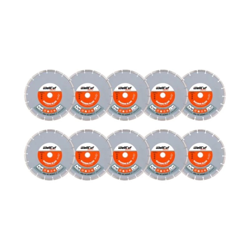 WellCut Diamond Cutting Blades for Angle Grinder 230mm x 22.23mm Segmented Discs for Concrete, Tiles, Stones, Bricks Pack of 10