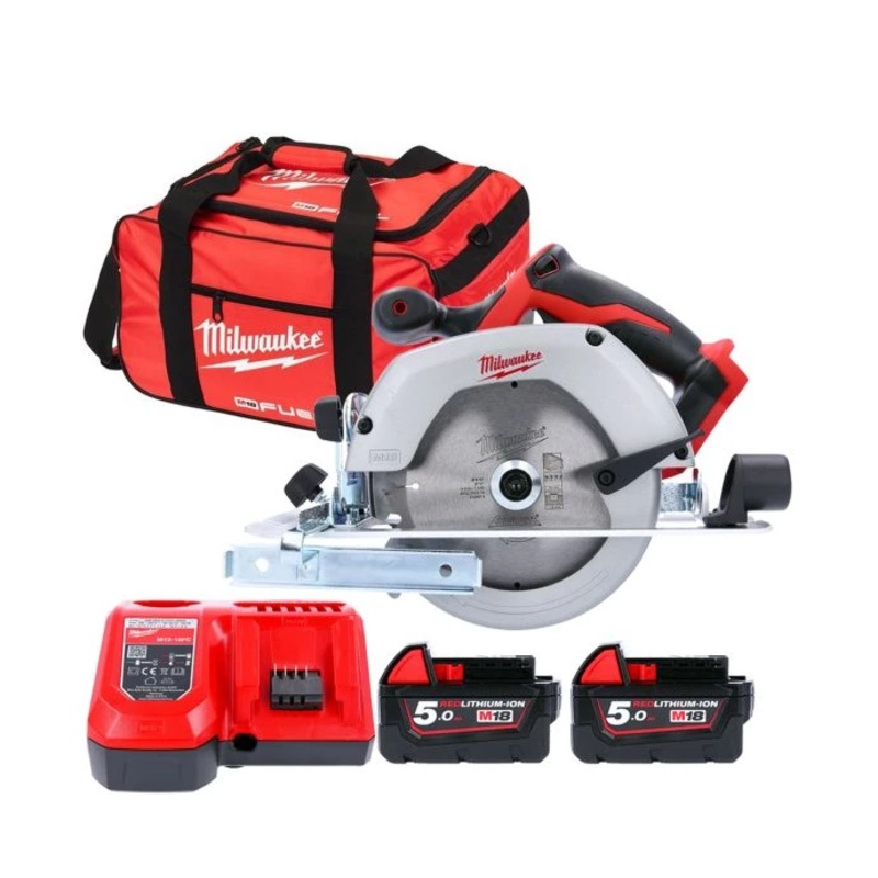 Milwaukee HD18CS 18V 165mm Circular Saw With 2 x 5.0Ah Batteries, Charger & 24″ Wheel Bag