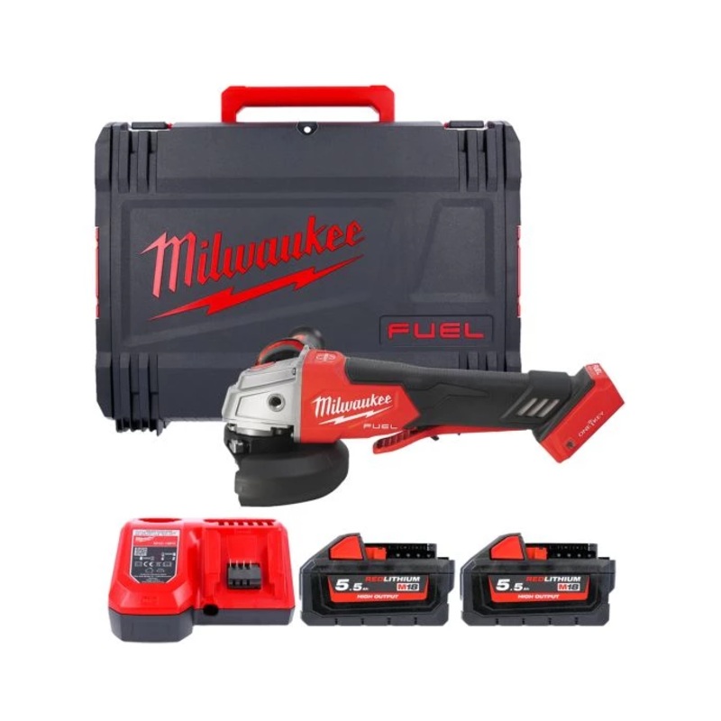 Milwaukee M18ONEFSAG115XPDB Fuel 18V Cordless Brushless 115mm Angle Grinder With 2 x 5.5Ah Batteries, Charger & Case