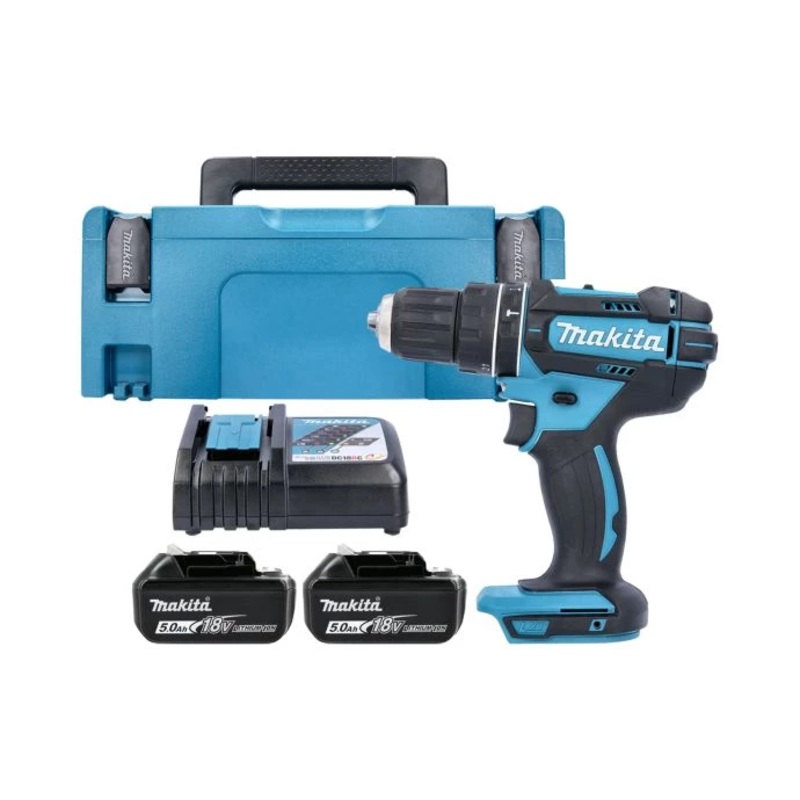 Makita Combi Drill DHP482RTJ 18V LXT Cordless 1/2″ 2-Speed Keyless Chuck Max 62Nm With 2 x 5.0Ah Batteries, Charger & Case