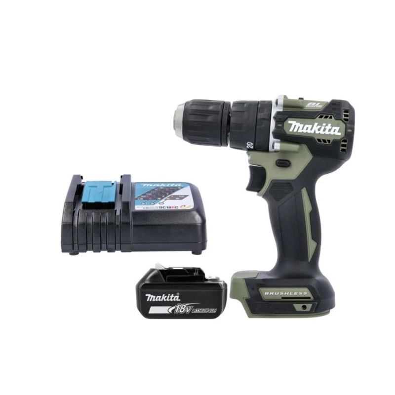 Makita Combi Drill DHP487ZO 18V LXT Cordless Brushless 1/2″ 2-Speed Keyless Chuck Max 40Nm Olive Green With 1 x 3Ah Battery & Charger