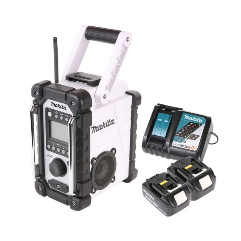 Makita Radio DMR107W 14.4V/18V CXT/LXT Cordless/AC FM/AM Jobsite White With 2 x 5.0Ah Batteries & Charger