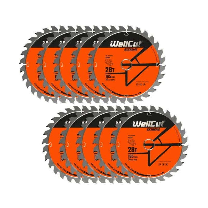 WellCut TCT Circular Saw Blades 165mm x 20mm x 28T Fine Cutting Wood Saw Blades Compatible with all Brands Pack of 10