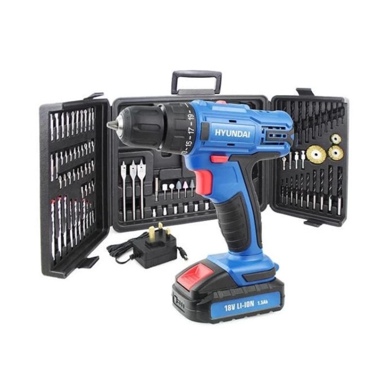 Hyundai 18v 1.5AH Li-Ion Cordless Drill Driver with 54 Piece Drill Accessory Kit