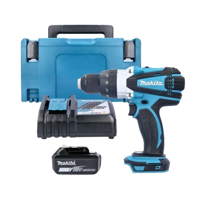 Makita Combi Drill DHP458Z 18V LXT Cordless 1/2″ 2-Speed Keyless Chuck Max 91Nm With 1 x 6.0Ah Battery, Charger, Case & Inlay
