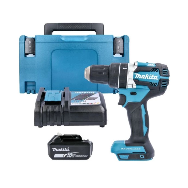 Makita Combi Drill DHP484Z 18V LXT Cordless Brushless 1/2″ 2-Speed Keyless Chuck Max 54Nm With 1 x 3.0Ah Battery, Charger, Case & Inlay