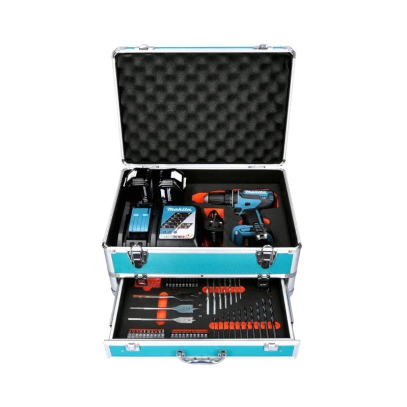 Makita Combi Drill DHP485Z 18V LXT Cordless Brushless 1/2″ 2-Speed Keyless Chuck Max 50Nm With 2 x 4.0Ah Batteries, Charger & 70 Pcs Accessory Set
