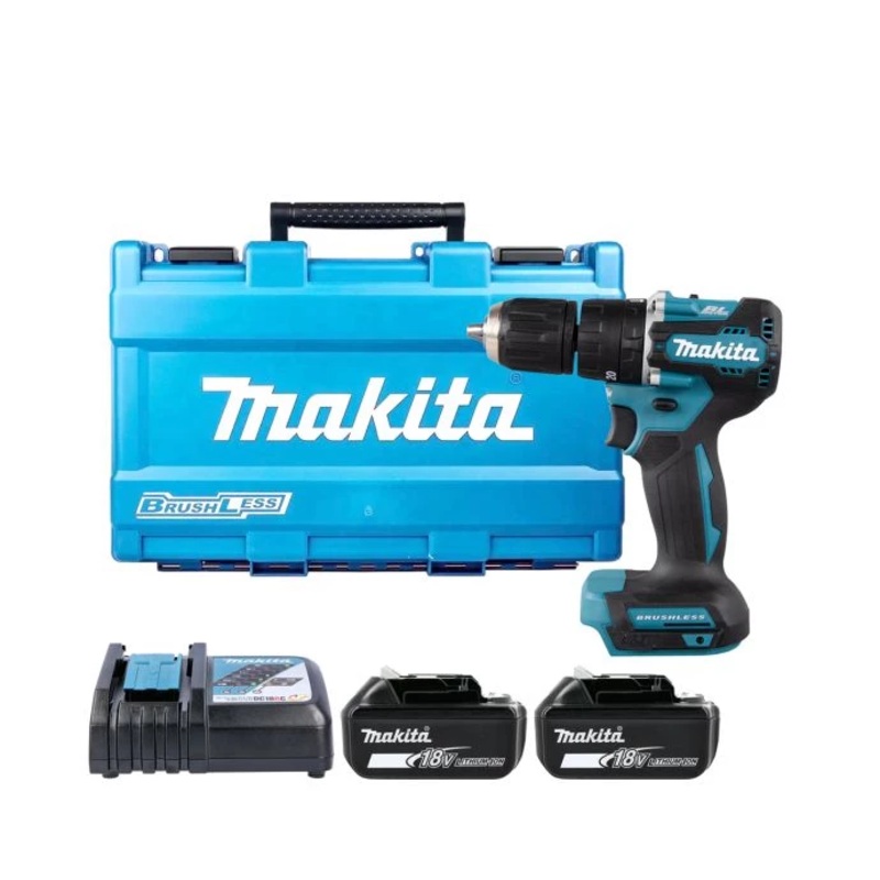 Makita Combi Drill DHP487Z 18V LXT Cordless Brushless 1/2″ 2-Speed Keyless Chuck Max 40Nm With 2 x 5.0Ah Batteries, Charger & Carry Case