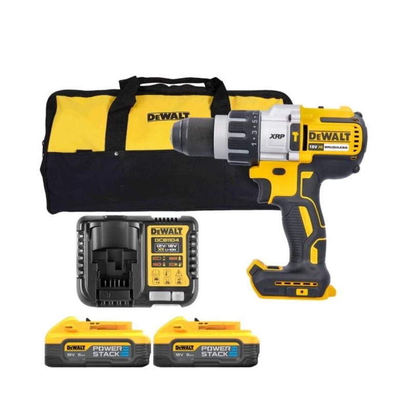 DeWalt DCD996N 18V Cordless XRP 3 Speed Brushless Hammer Combi Drill With 2 x 5Ah Powerstack Batteries, Charger & Bag