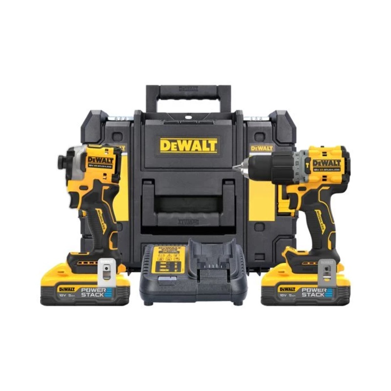DeWalt DCK2050H2T 18V Cordless Brushless Combi Drill & Impact Driver Twin Pack With 2 x 5.0Ah Powerstack Batteries, Charger & Case