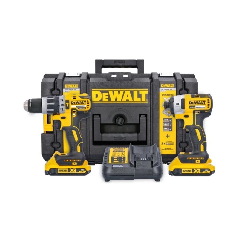 DeWalt DCK266D2 18V Brushless Combi Drill & Impact Driver Twin Pack With 2 x 2.0Ah Batteries, Charger & DS150 Toughsystem Case