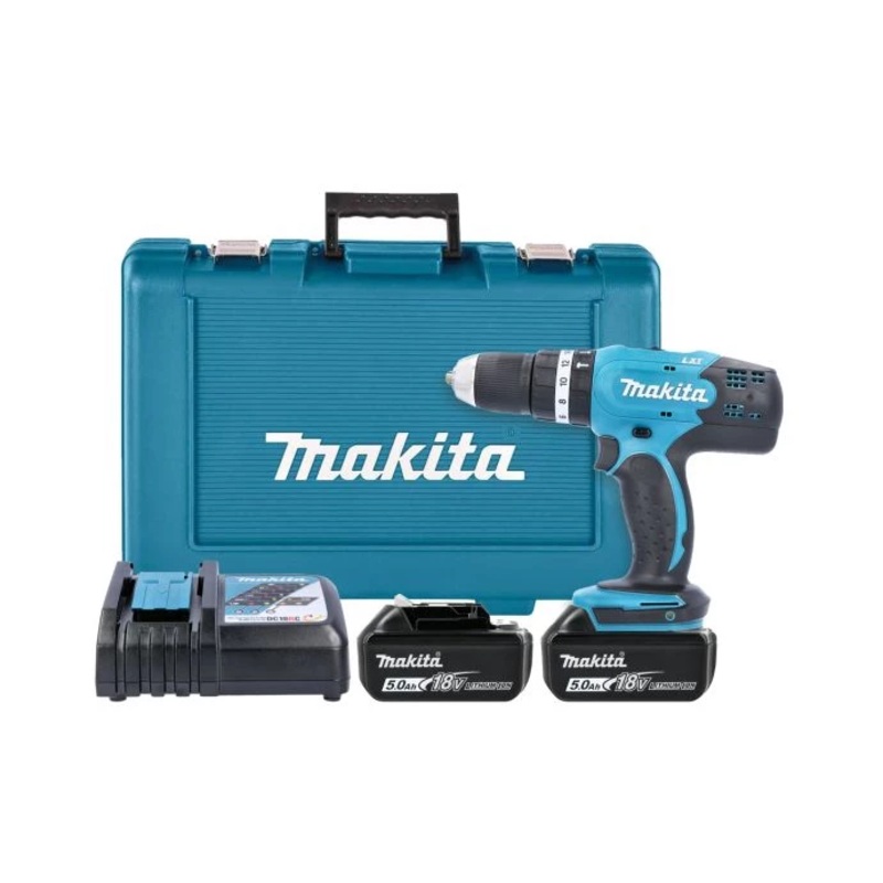 Makita Combi Drill DHP453T001 18V LXT Cordless 1/2″ 2-Speed Keyless chuck Max 42Nm With 2 x 5.0Ah Batteries, Charger & Case