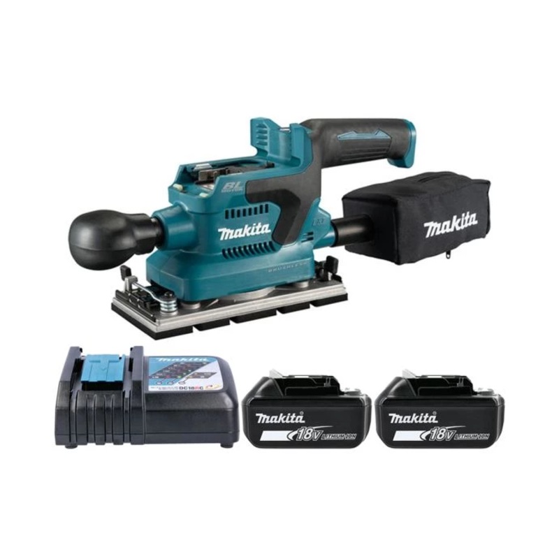 Makita DBO381 18V LXT Brushless Finishing Sander With 2 x 5.0Ah Batteries & Charger