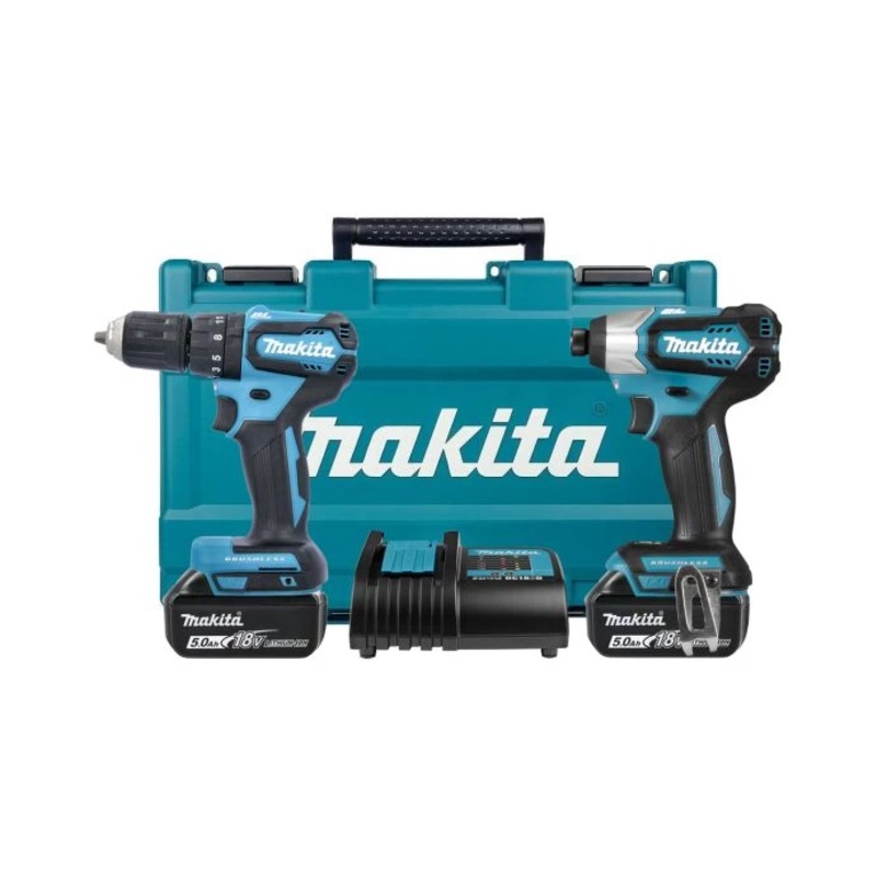 Makita DLX2221ST 18V LXT Cordless Brushless Combi Drill & 1/4″ Impact Driver Twin Pack With 2 x 5.0Ah Batteries, Charger & Carry Case