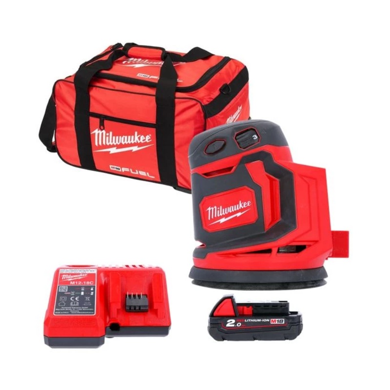 Milwaukee M18BOS125 Sander + 1 x M18B2, Charger & Bag