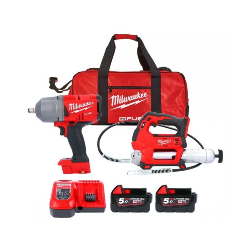 Milwaukee M18FPP2AI-502B 18v Grease Gun & Impact Wrench Kit With 2 x 5.0Ah Batteries, Charger & Bag