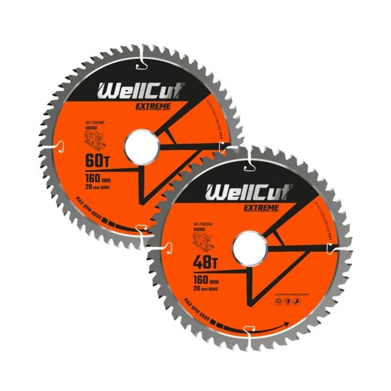 WellCut TCT Circular Saw Blades Mixed Set 160mm x 20mm x 48T/60T Wood Saw Blades Compatible with all Brands Pack of 2