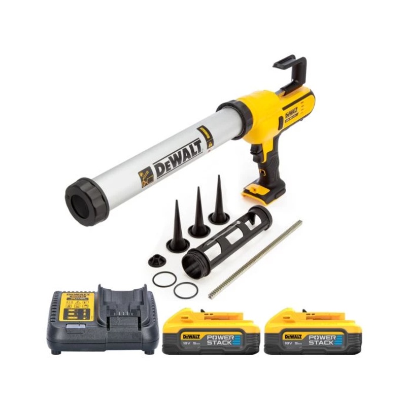 Dewalt DCE581 18V XR Cordless 300-600ml Caulking Gun With 2 x 5.0Ah Batteries & Charger
