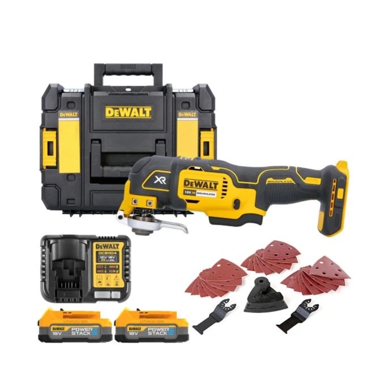 DeWalt DCS355 18V Brushless Oscillating-Multi Tool With Accessories + 2 x 1.7Ah Powerstack Batteries, Charger & T-Stack Case