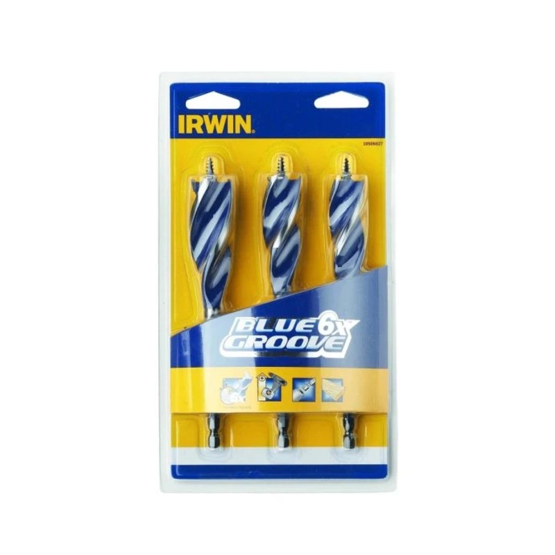 Irwin 10506627 3 Piece 20mm-25mm Blue Groove 6X Wood Drill Bit Set – Length 165mm