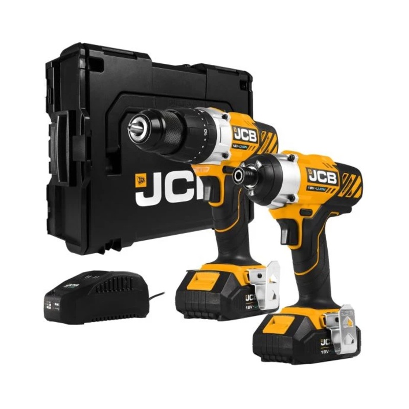 JCB 21-18TPK-2 18V Cordless Combi Drill & Impact Driver Twin Pack With 2 x 2.0Ah Batteries, Charger & L-Boxx