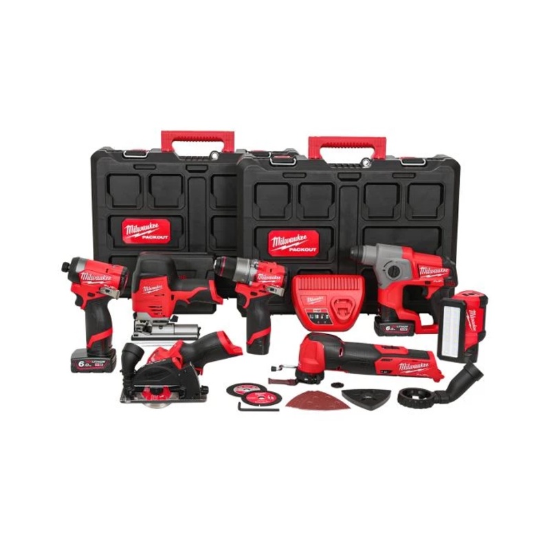 Milwaukee M12FPP7A2-624P 12V Cordless FUEL 7 Piece Power Tool Kit With 4 x Batteries, Charger & PACKOUT Tool Boxes