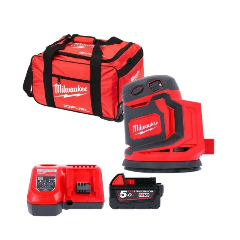 Milwaukee M18BOS125 M18 18V 125mm Random Orbit Sander With 1 x 5.0Ah Battery, Charger & Tool Bag