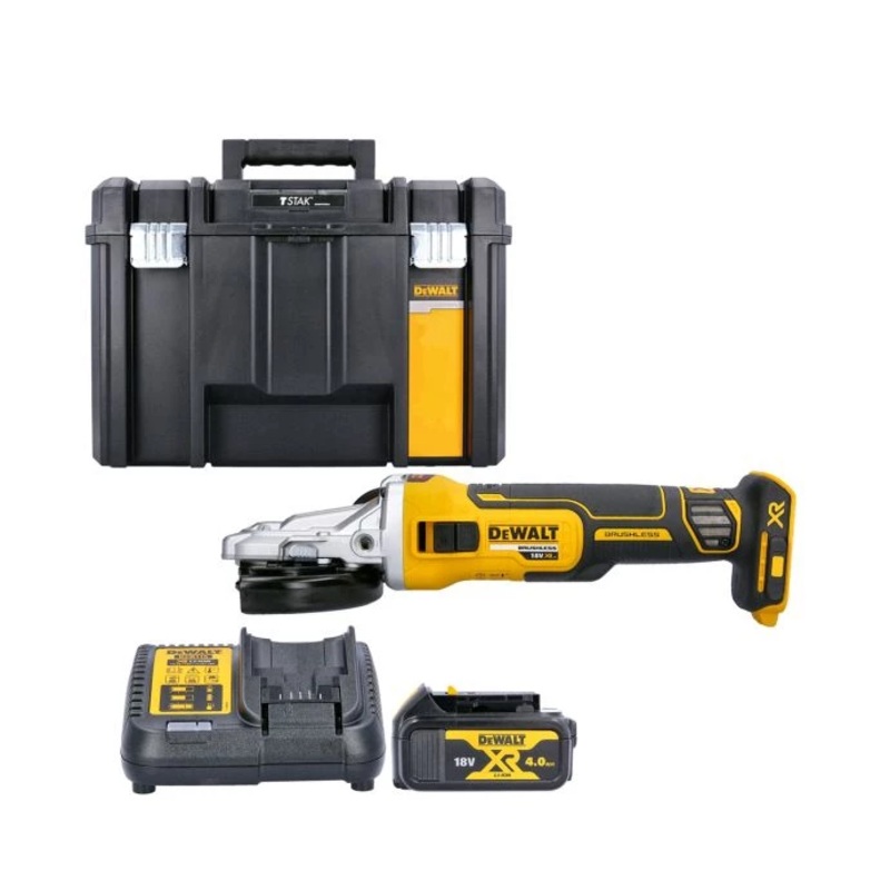 DeWalt DCG405FN 18V XR Brushless 125mm Flathead Angle Grinder With 1 x 4.0Ah Battery, Charger & Case