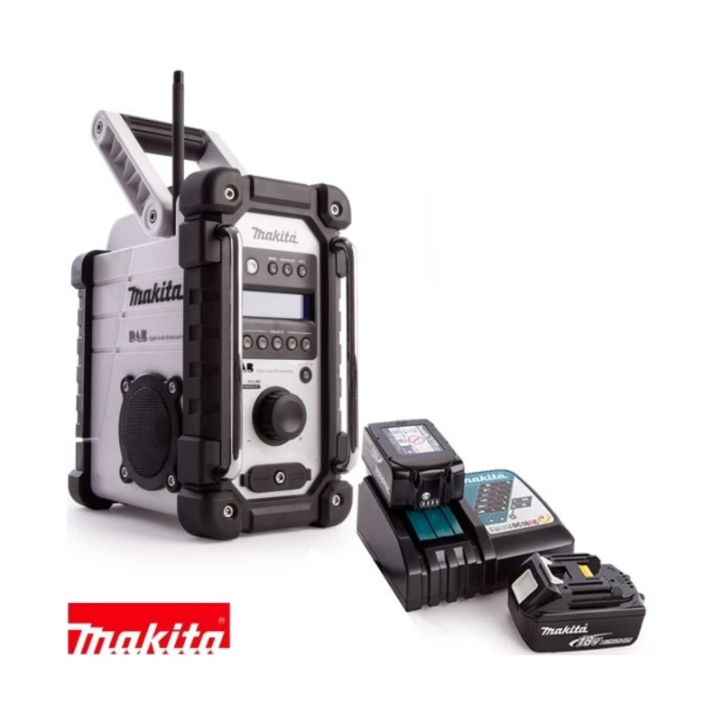 Makita Radio DMR109W 10.8V/18V CXT/LXT Cordless/AC FM/DAB/DAB+ Jobsite With AUX & USB Write With 2 x 5.0Ah Batteries & Charger