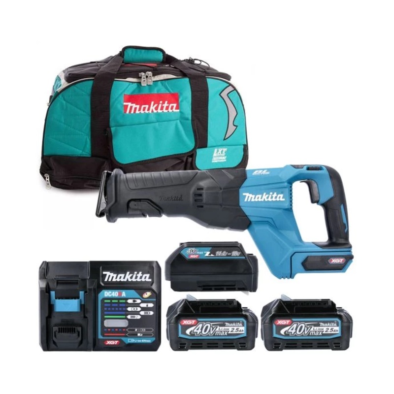 Makita Reciprocating Saw JR001GZ 40V Max XGT Cordless Brushless 2-Speed 32mm Stroke Length With 2 x 2.5Ah Batteries, DC40RA, ADP10 & Bag